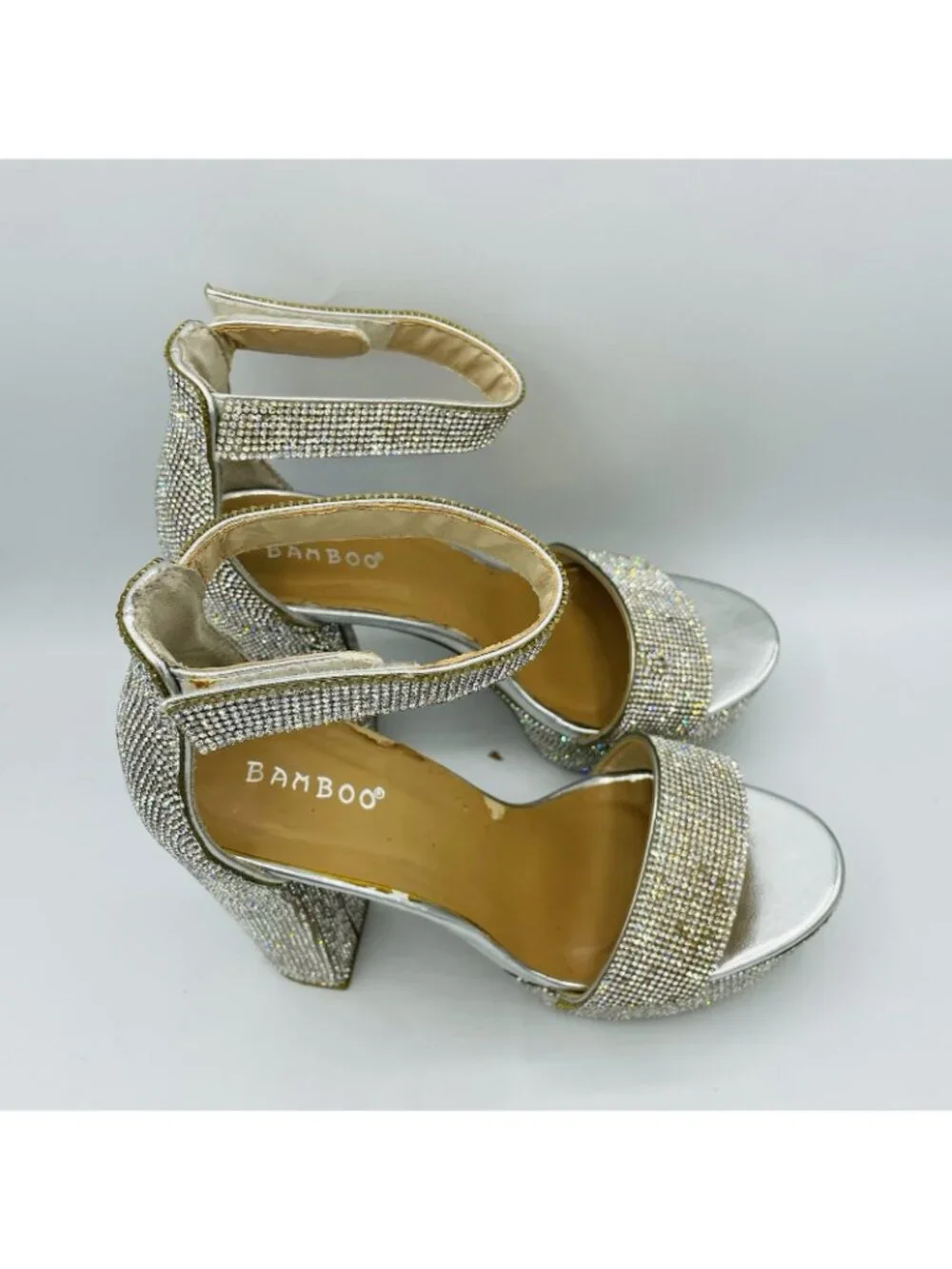 Bamboo Womens Shoes Size 7.5 silver Rhinestone Shiny Sparkly High Heels Platform